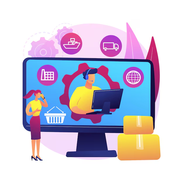 Businesswoman on phone beside monitor showing a person at a computer. Background includes gear symbols and shipping icons, with bright colors.