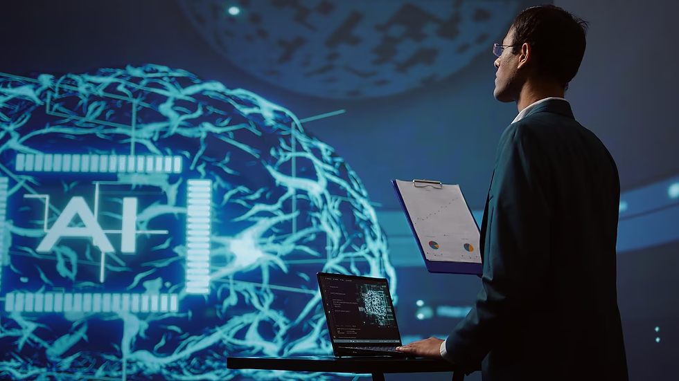 "Professional observing a digital holographic brain labeled 'AI' on a futuristic screen, symbolizing artificial intelligence and data analysis."