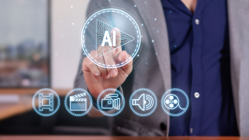Person in a suit taps a holographic "AI" icon. Other icons include film, clapperboard, camera, sound, and video. Blurred office background.