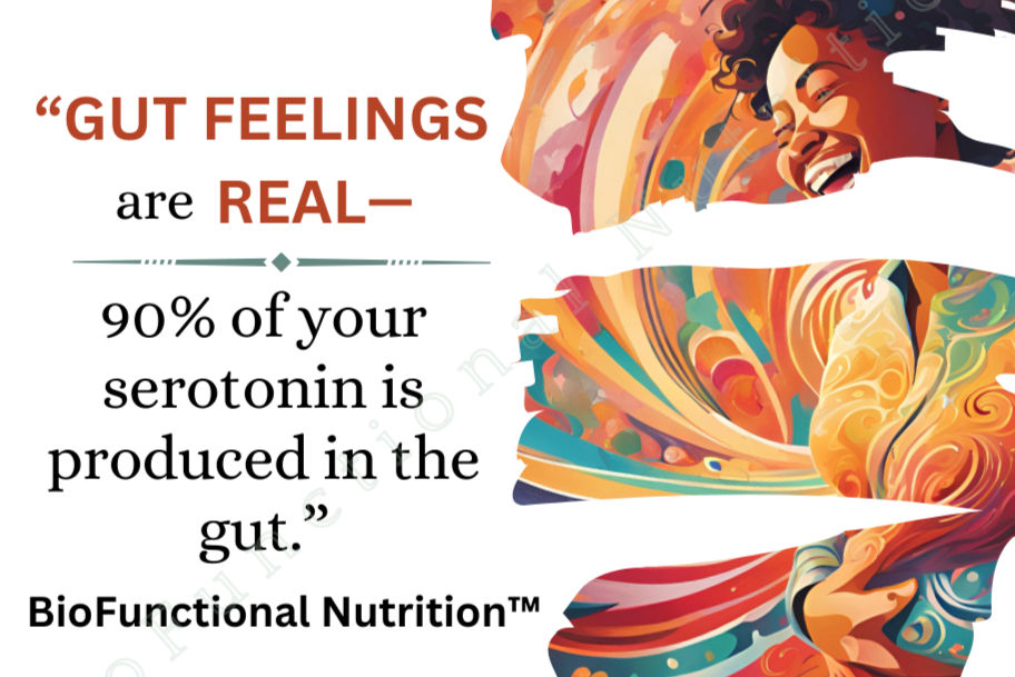 Happy women in abstract colors and patterns with text stating 90% of the serotonin is produced in the gut.