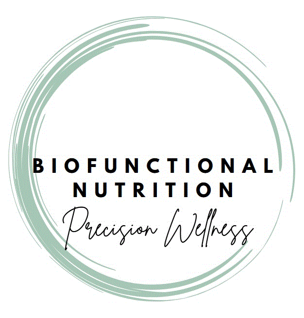 Logo with text reading "BioFunctional Nutrition: Precision Wellness" inside a light green circular brushstroke.