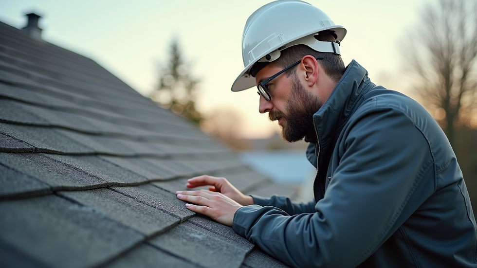 Close-up view of a home inspector examining a roof