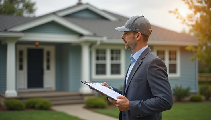 Eye-level view of a home inspector examining the exterior of a house with a clipboard