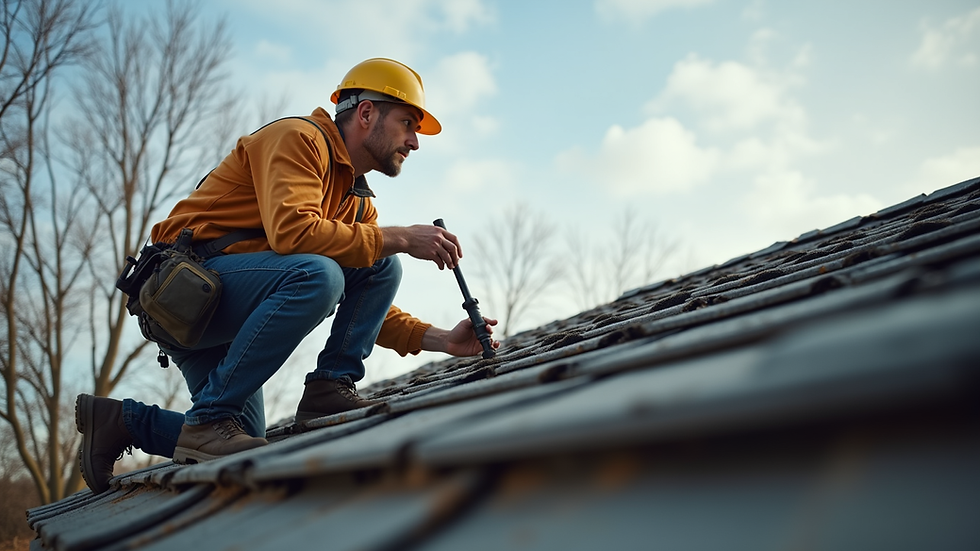 Eye-level view of a home inspector examining a roof