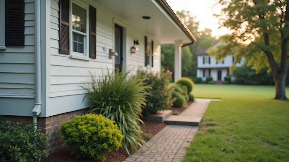 Wide angle view of a well-maintained home exterior with clear gutters and proper drainage
