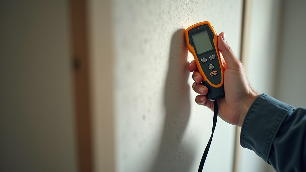 Close-up view of a home inspector using a moisture meter on a wall