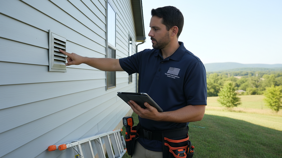 Eye-level view of a home inspector examining a house exterior
