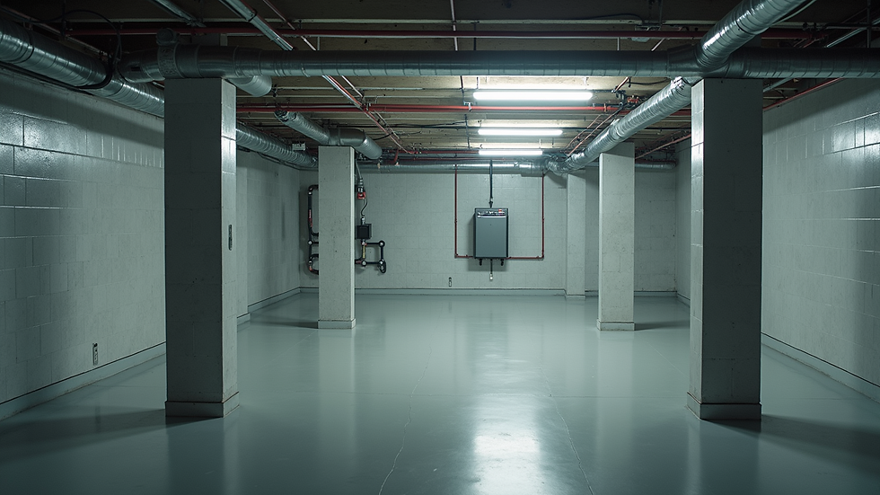 Eye-level view of a clean and organized basement with clear access to pipes and electrical panels