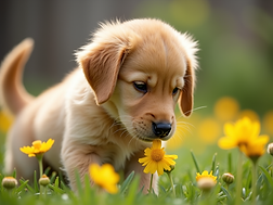A golden retriever puppy curiously sniffing a flower in a sunny garden setting, captured w