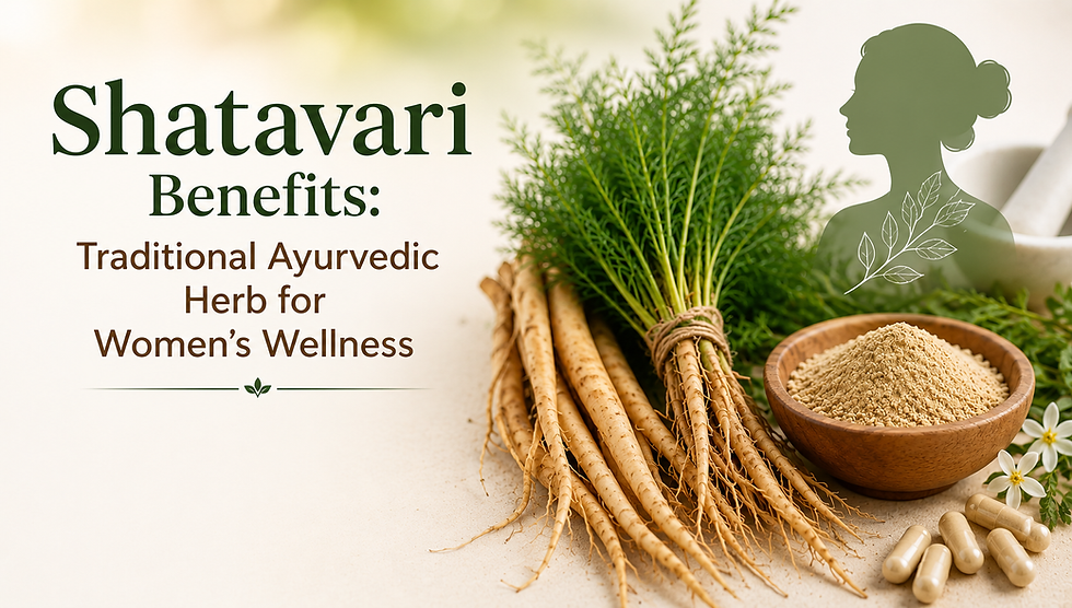 Shatavari Ayurvedic herb with roots, powder, and capsules for women's wellness and hormonal balance.