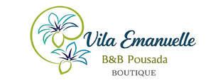Logotipo da Vila Emanuelle B&B Pousada Boutique com flores de plumeria estilizadas em tons de verde e azul sobre fundo claro.