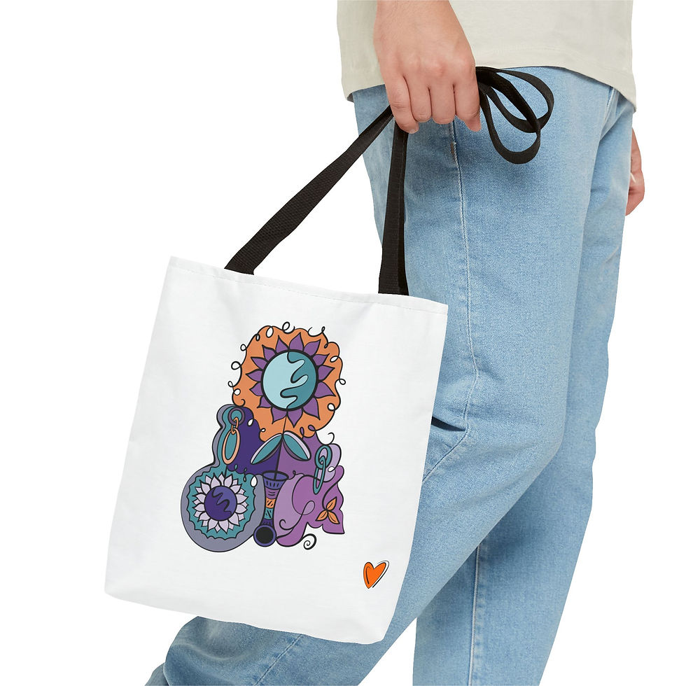 Thumbnail: Boho Flower Doodle Tote Bag — Colorful Hippie Art with Hearts