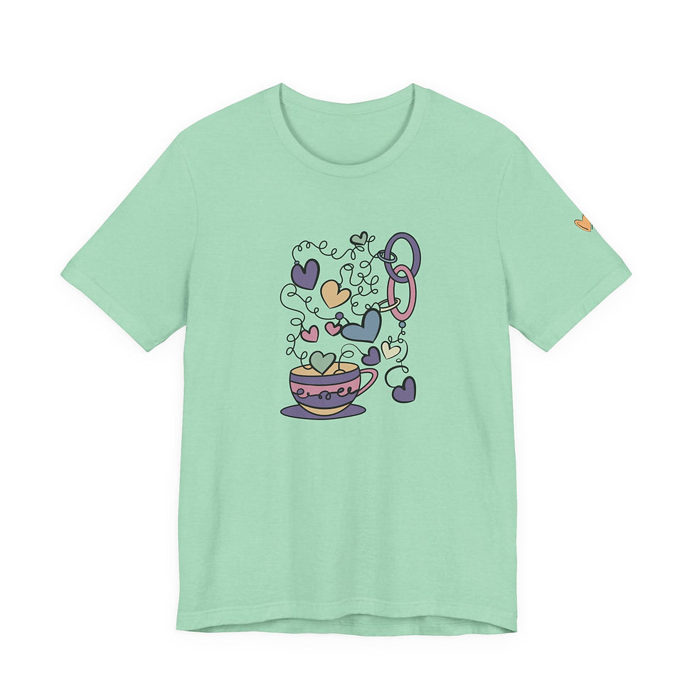 Thumbnail: Soft, Lightweight Heart Teacup Graphic Tee — Whimsical Tea & Hearts Design