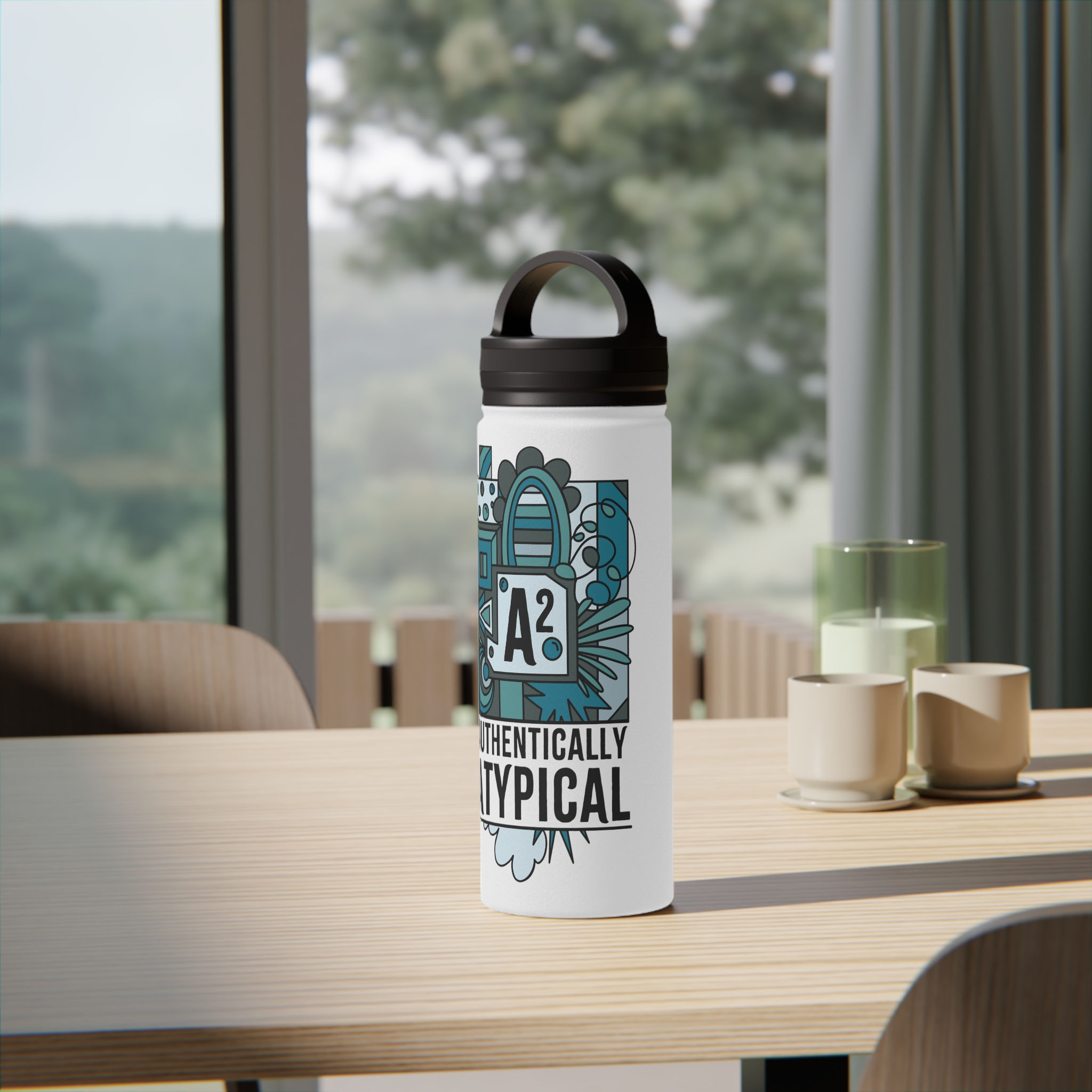 Authentically Atypical Stainless Steel Water Bottle — Teal Design, Handle Lid
