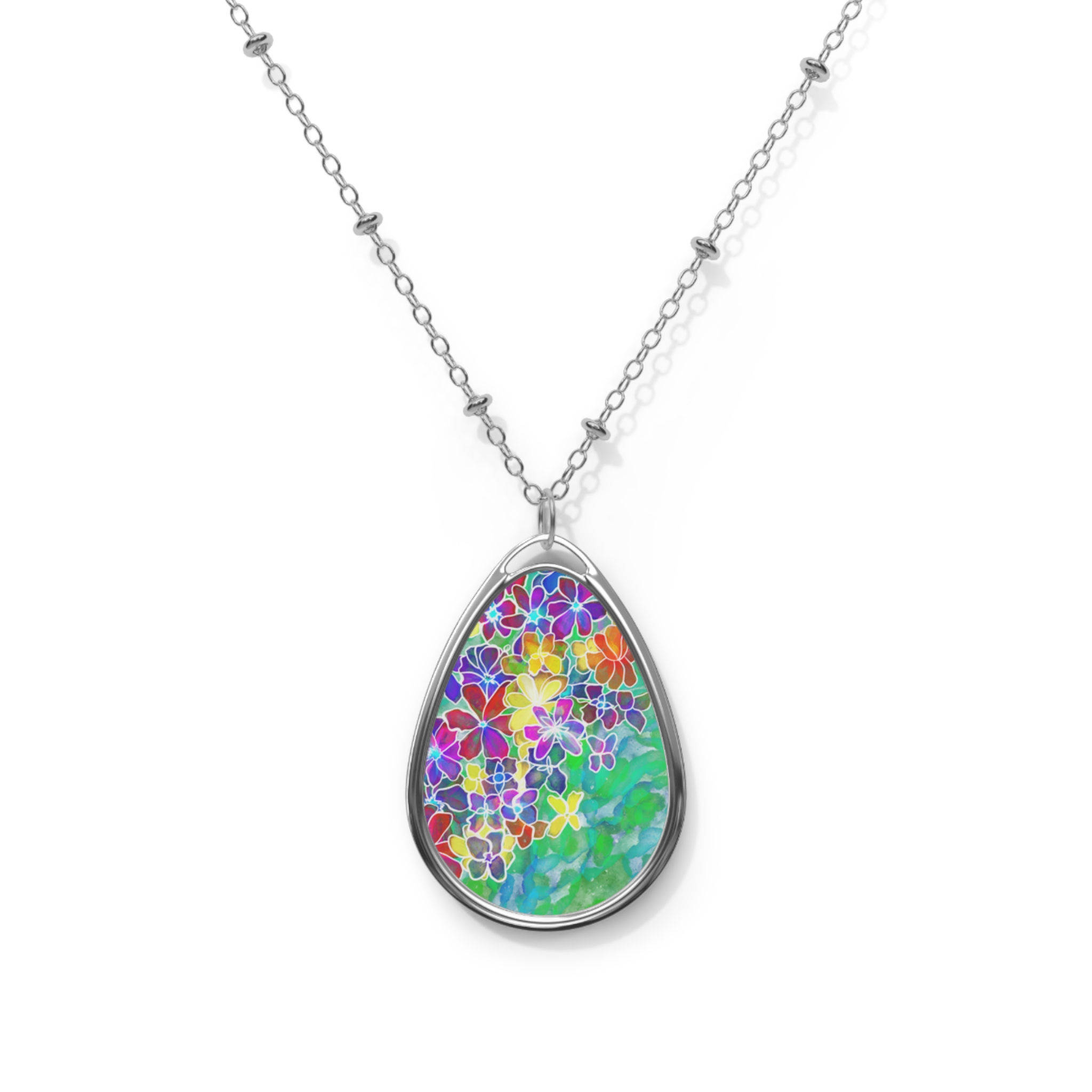 Floral Oval Pendant Necklace — Colorful Watercolor Flower Teardrop Necklace