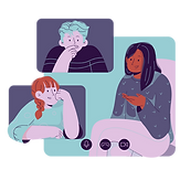 group therapy scene with three people talking, representing connection and shared support