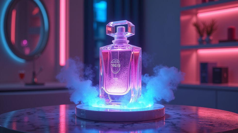 AI Beauty Product Visualization featuring 3D renders of cosmetics, skincare, and perfumes in futuristic packaging.