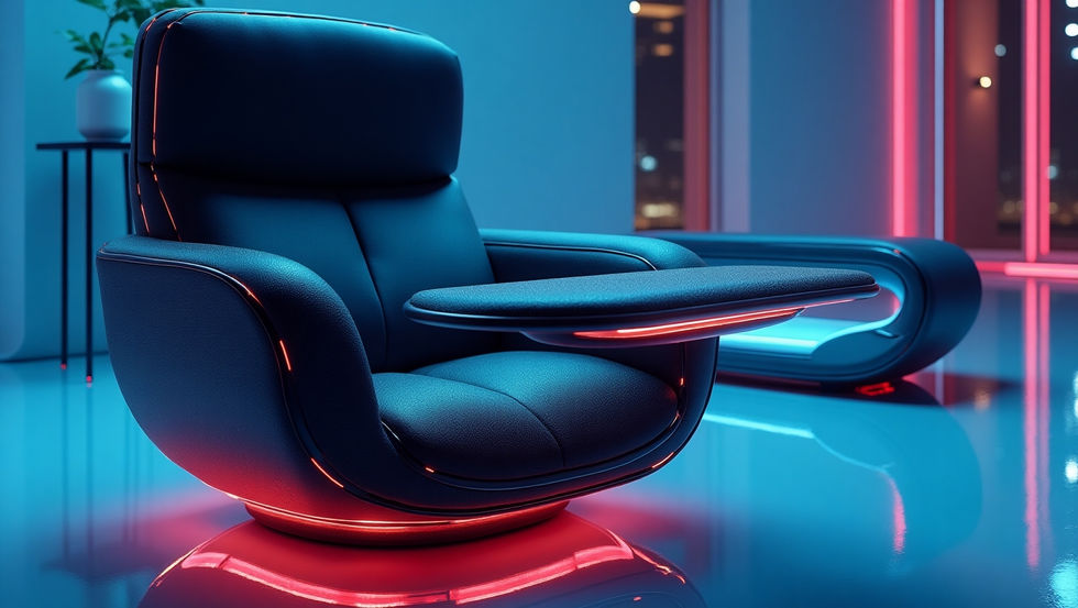 AI-generated 3D visualization of a smart modular recliner in a high-tech interior with ambient lighting and curved surfaces.