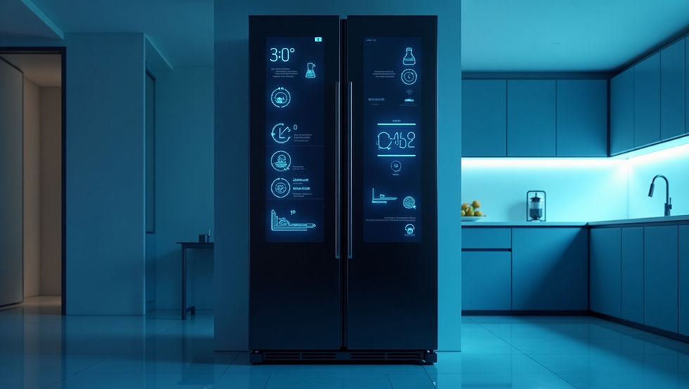 AI Smart Fridge Visualization with holographic display, smart lighting, and organized interior in a high-tech kitchen environ