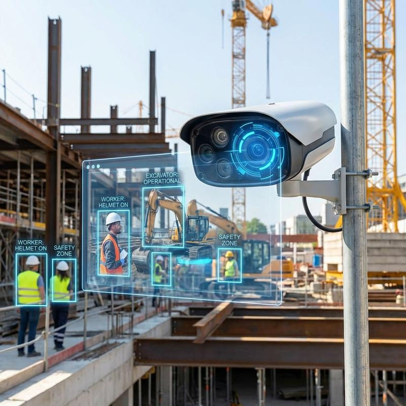 Construction workers wearing safety equipment on an active building site