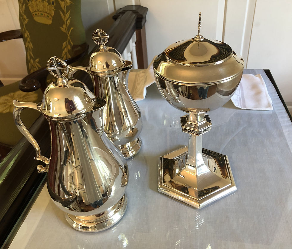 This is the silver communion service currently used by Christ Church Parish. The 1678 silver set is reserved for very special services.