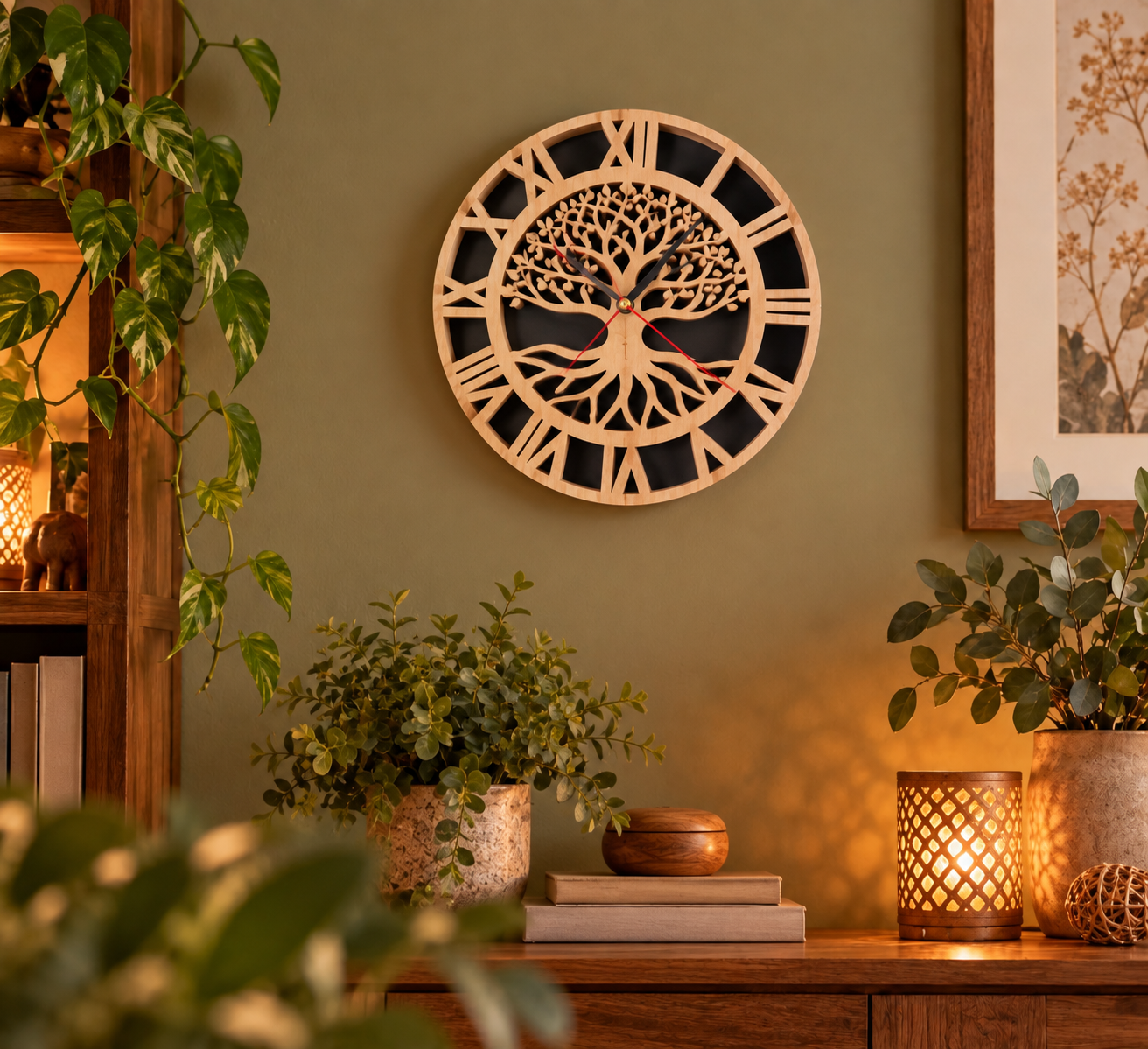 Horloge Arbre de Vie Temps Éternel en bois avec chiffres romains, découpée à la main