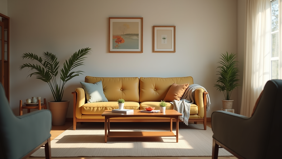 Eye-level view of a cozy living room in a supportive housing environment