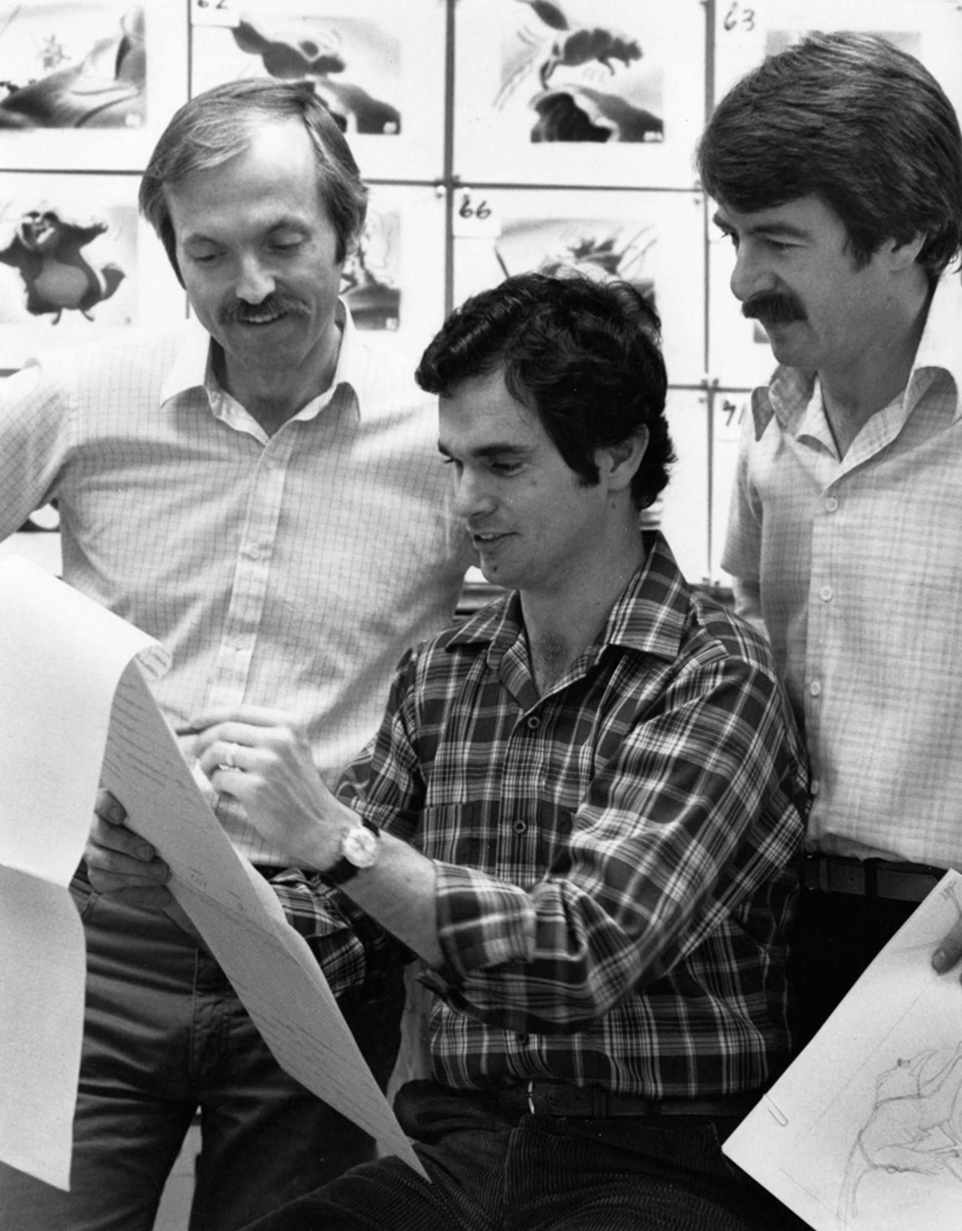 John Pomeroy, Don Bluth, and Gary Goldman working on an animated scene from The Secret of Nihm