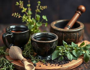 witchy image of herbs, tea cups, tea strainers, mortar and pestles.jpg