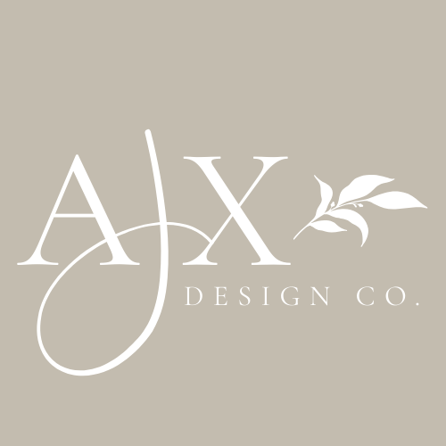 Elegant AJX DESIGN CO. logo with sophisticated lettering in white and grey.