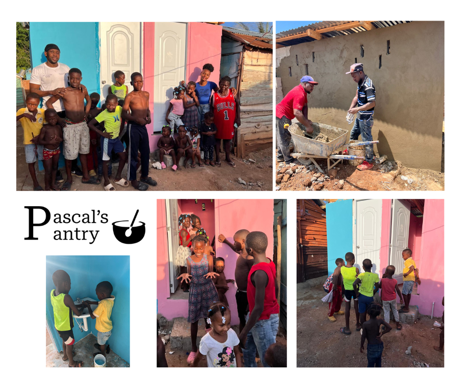A photo collage from the construction and inauguration of bathrooms in the community Batey Dos.