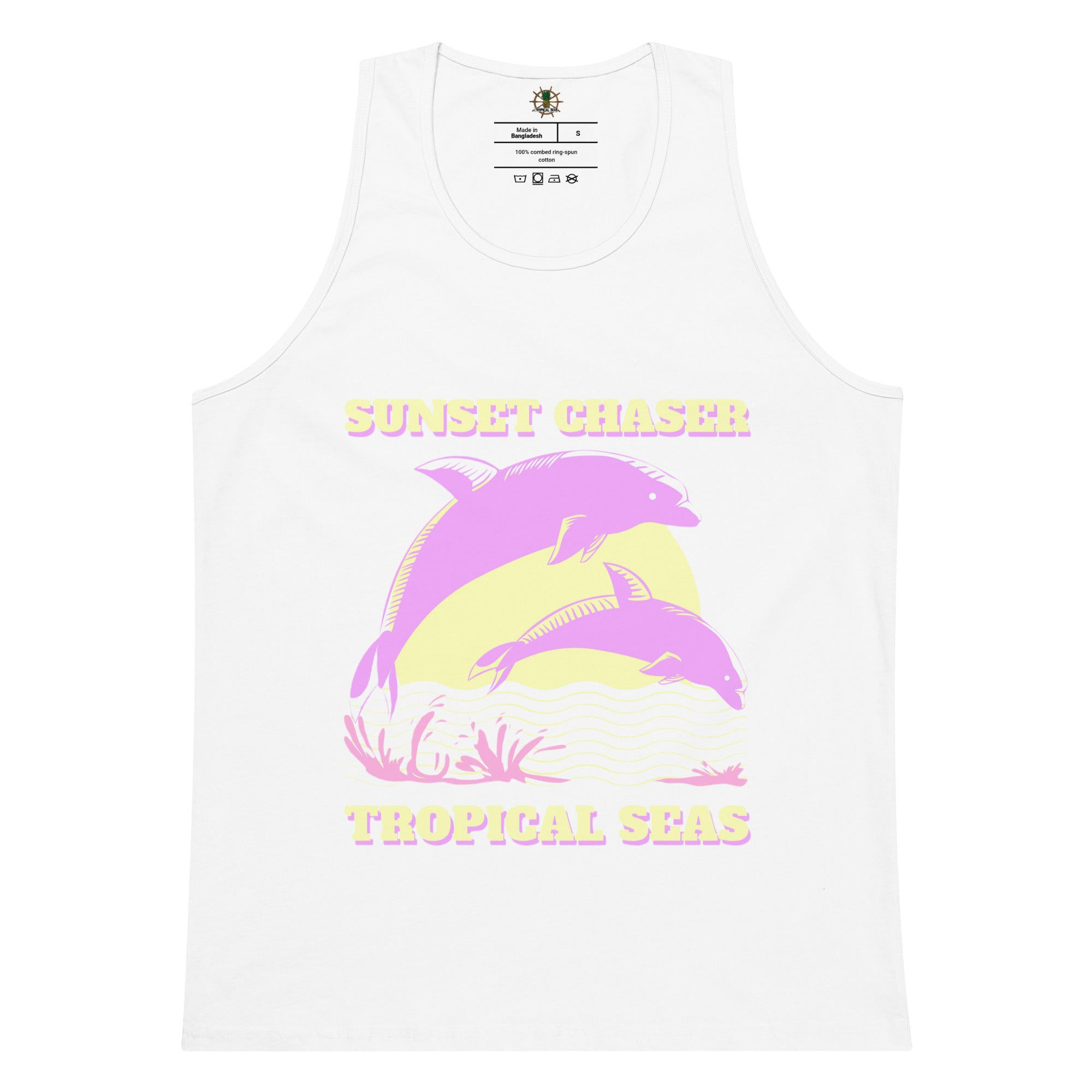 Regata Sunset Chaser branca com estampa de golfinhos rosa