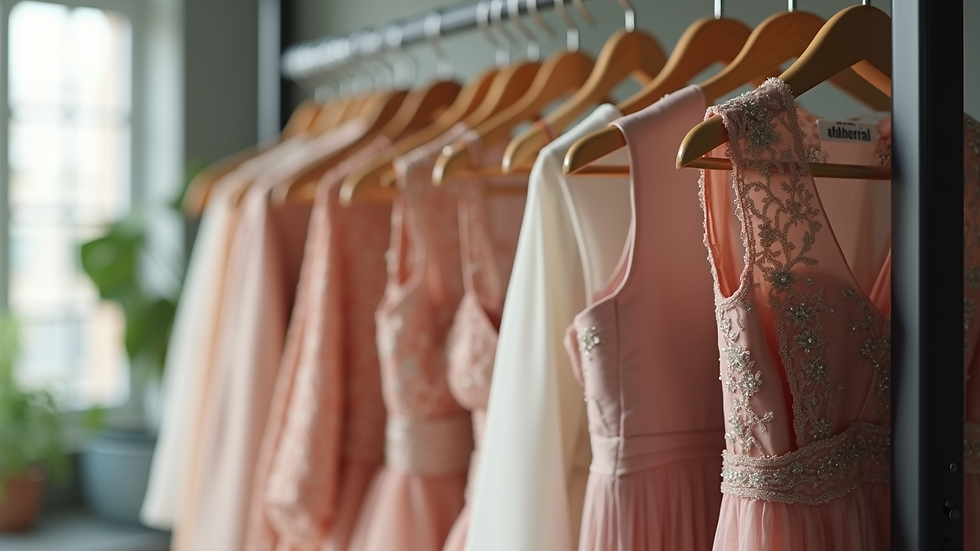 Eye-level view of clothing rack with elegant women's dresses