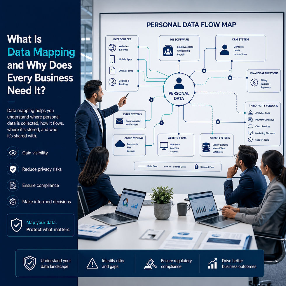 Business professionals review a visual data map