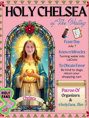 Collage-style fake Saint Trading Card of Donor "Holy Chelsea"