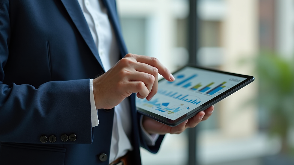 Close-up view of a real estate agent reviewing market data on a tablet