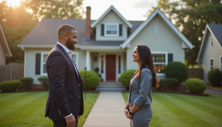 Eye-level view of a real estate agent showing a house to a client in a suburban neighborhood