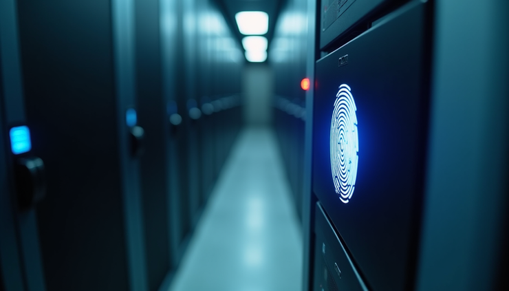 Close-up view of biometric fingerprint scanner integrated into Illinois data center security system