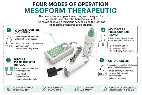 Four operating modes of MESOFORM THERAPEUTIC: galvanic current, monophasic and biphasic pulsed current, and iontophoresis