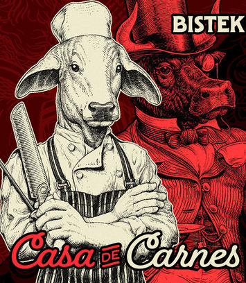 Traditional crosshatching drawings in a vintage style, for Bistek's Meat Boutique with British Cattle Breeds.