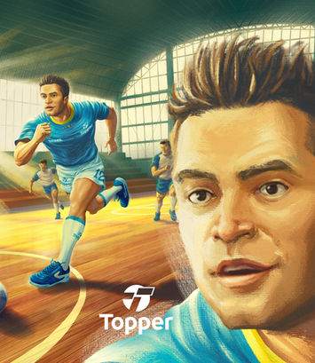 Vintage style Futsal illustration featuring Falcão in an iconic Topper tribute to the 1982 legacy.