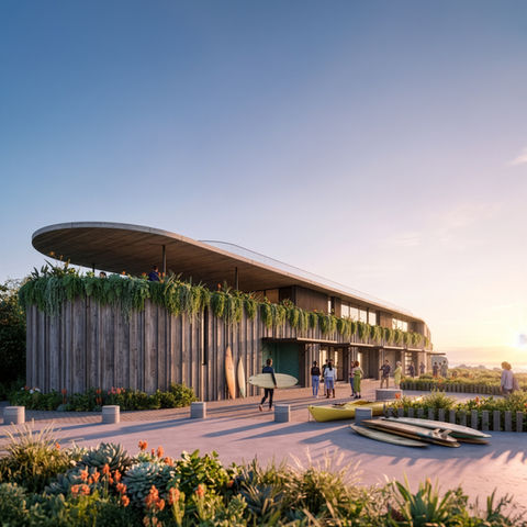 Beach Architects visualization of a modern coastal community club at sunrise, featuring weathered wood cladding, cascading succulents, and surfers preparing for the water.