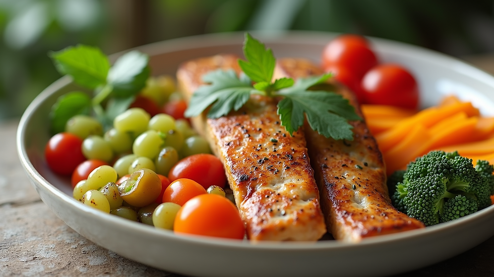 Close-up view of a balanced plate with colorful vegetables and lean protein
