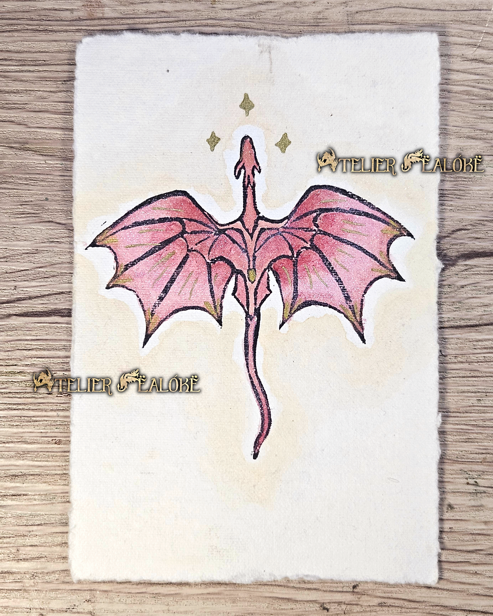 Miniature : illustrations imprimées par linogravure et peintes à l'aquarelle, modèle dragon rose