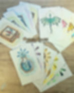 illustrations imprimées par linogravure et peintes à l'aquarelle vue de groupe sur plusieurs modèles