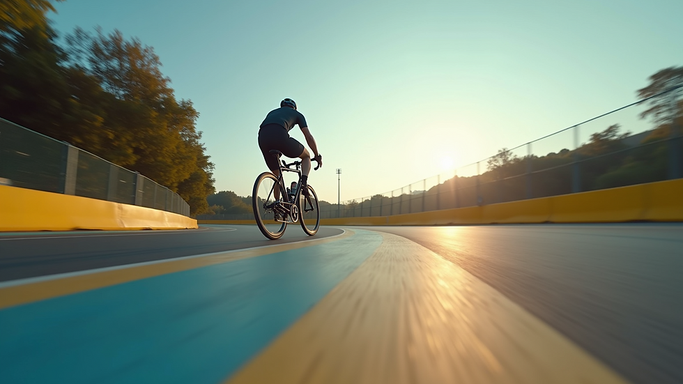 Eye-level view of a cyclist racing through a track