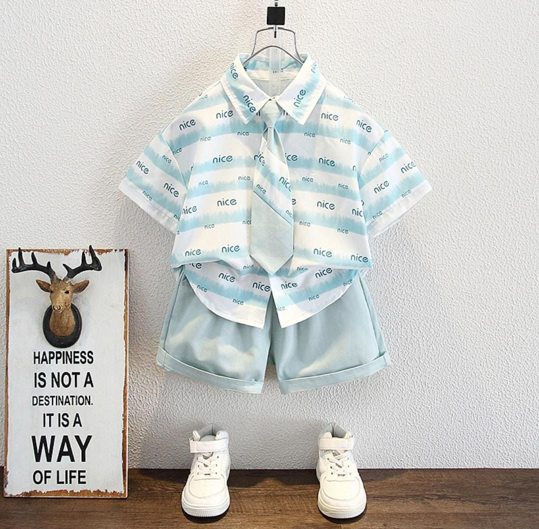 Blue Nice Striped Shirt, Tie & Shorts Set