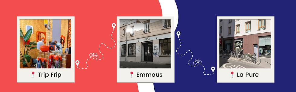Three photos on a red and blue background. Photos of thrift shops in Lyon city centre. Trip Frip, Emmaüs and La Pure.