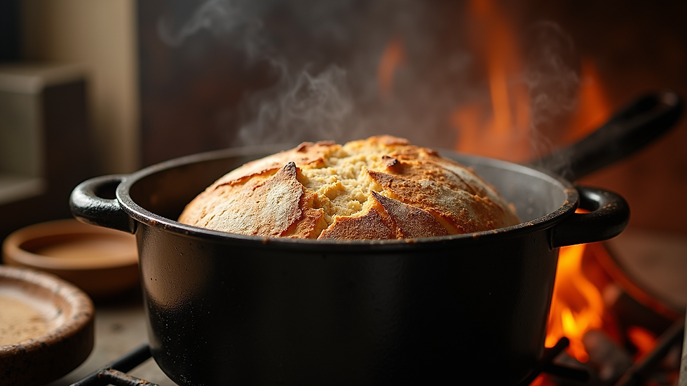Eye-level view of a Dutch oven with sourdough bread baking inside