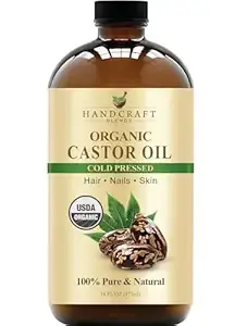 Brown bottle of Handcraft Blends Organic Castor Oil. Label shows "Cold Pressed," with images of castor beans. Text: "USDA Organic, 100% Pure & Natural."